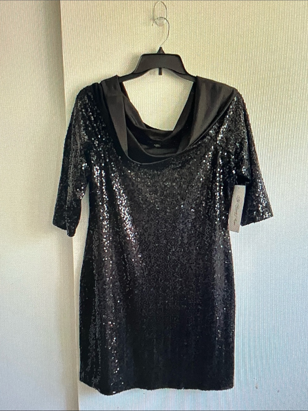 Colleen Lopez Black Sequin Draped Cowl Mini Dress